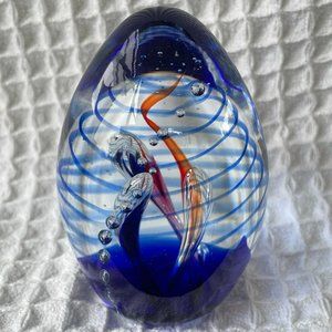 Handblown Glass Collectible Vintage Paperweight clear blue 3.75" x 2.25"